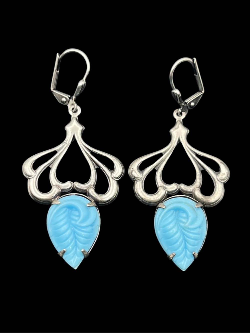 Art Nouveau style Sadie Green blue stone silver tone dangle earrings